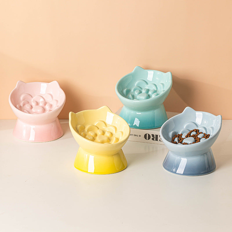Ceramic High-Foot Cat Bowl with Slanted Rim, Slow-Feeding Feature and Ear Handles