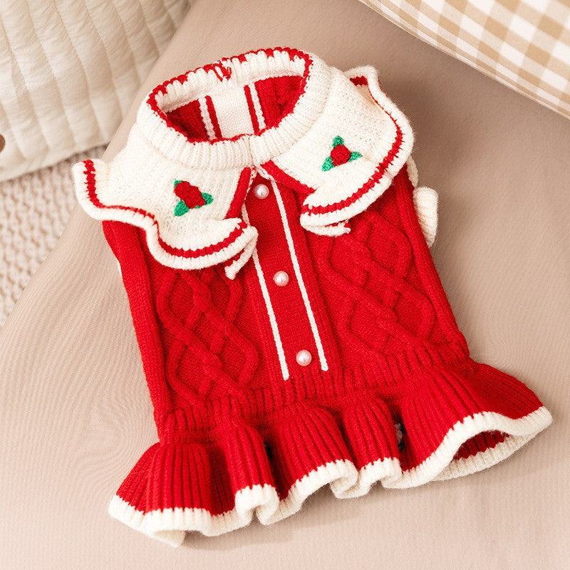 Small dog in a strawberry embroidered knit jumper dress