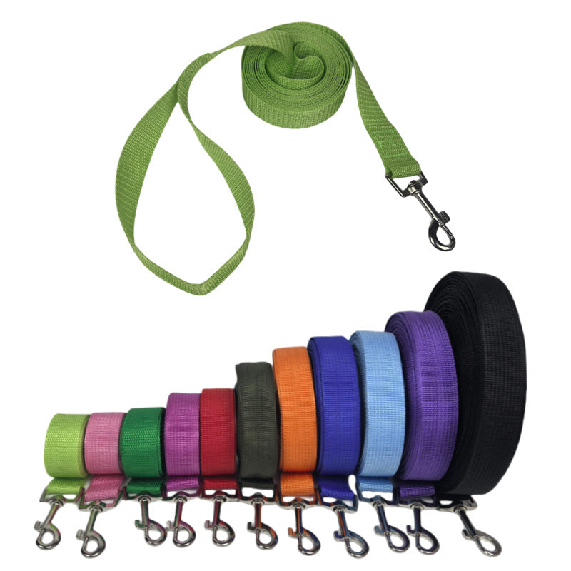 Long nylon dog training lead in red coiled on grass