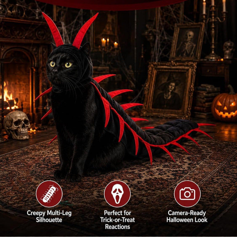 Red and gold centipede cat costumes laid out flat