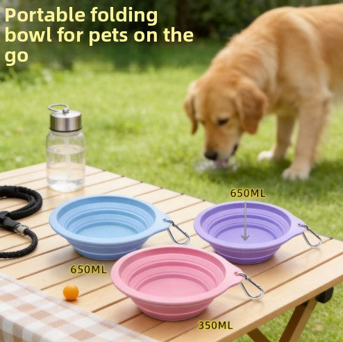 Outdoor Portable Folding Silicone Pet Bowl with Carabiner, 350ml and 650ml Sizes