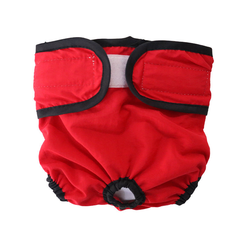 Reusable dog hygiene pants with hook and loop fastening in Male Red, close-up detail