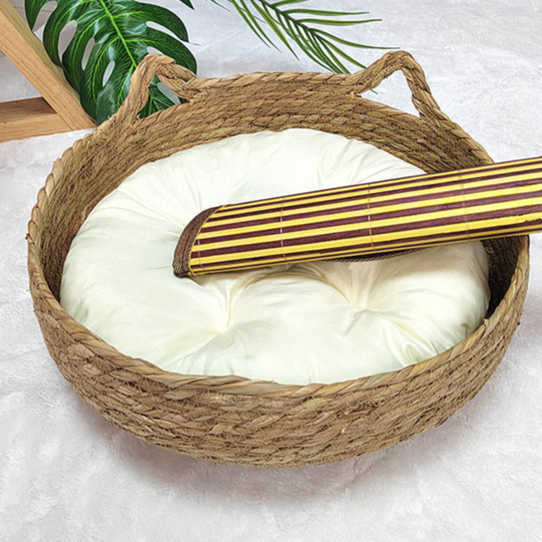 Woven cattail grass cat nest with cute cat ears, product image 19