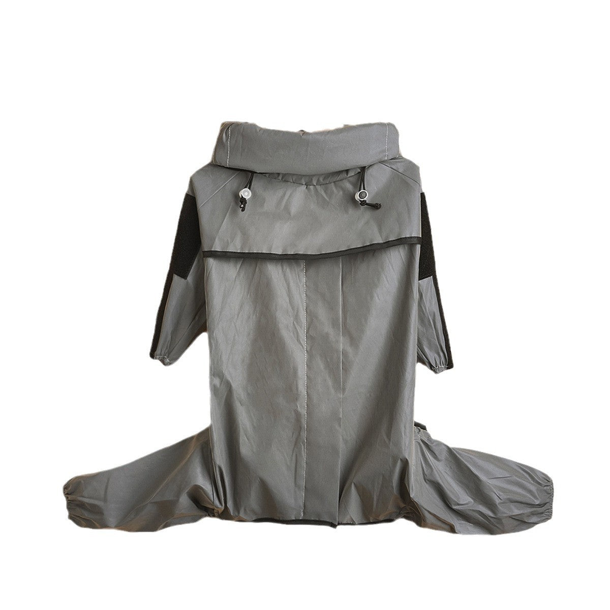 Reflective hooded dog raincoat in silver fabric, showing size and shape