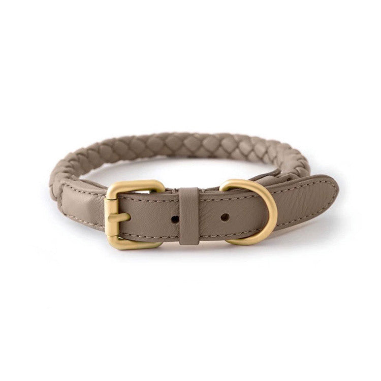 Woven leather look dog collar and lead in sunlight yellow
