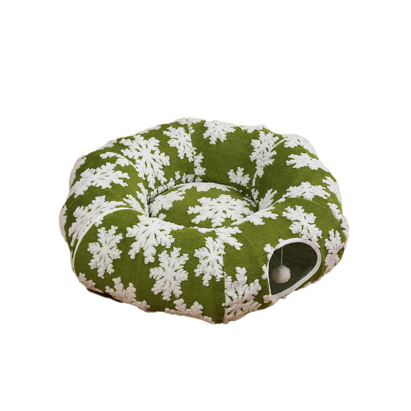 Round Christmas donut cat tunnel bed with festive print, product image 6