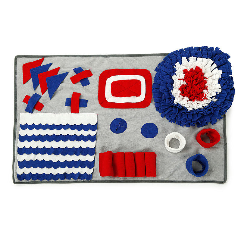 Blue dog snuffle mat with fleece strips for foraging