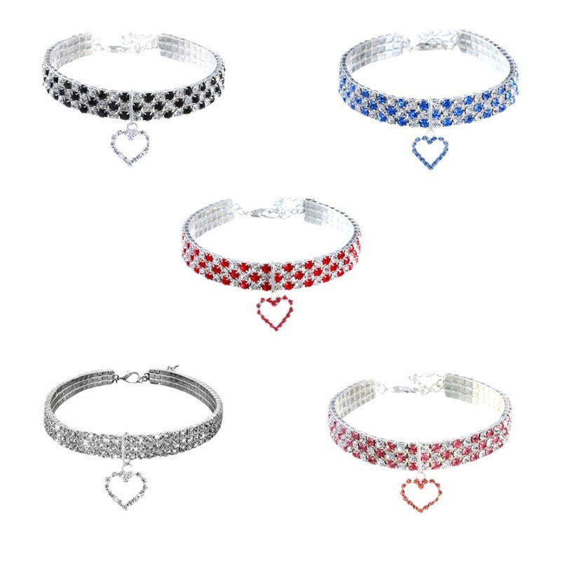 Elastic crystal pet necklace collar with silver plated charm in white, view 5