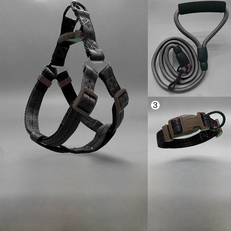Three piece dog harness, collar and lead set in blue