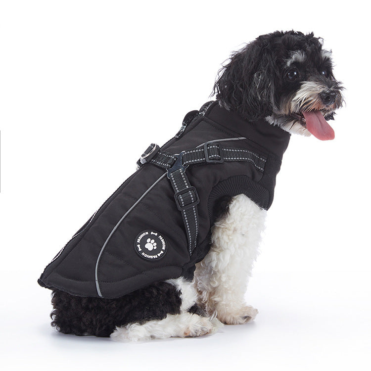 Waterproof padded British style dog winter coat in Black Style B, top view