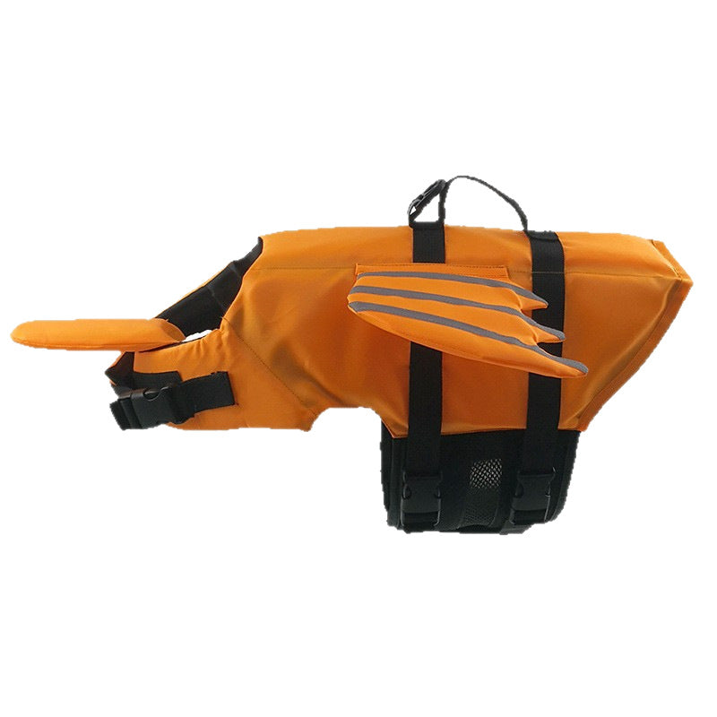 Dog swim vest with reflective angel wings in Orange, showing size and shape