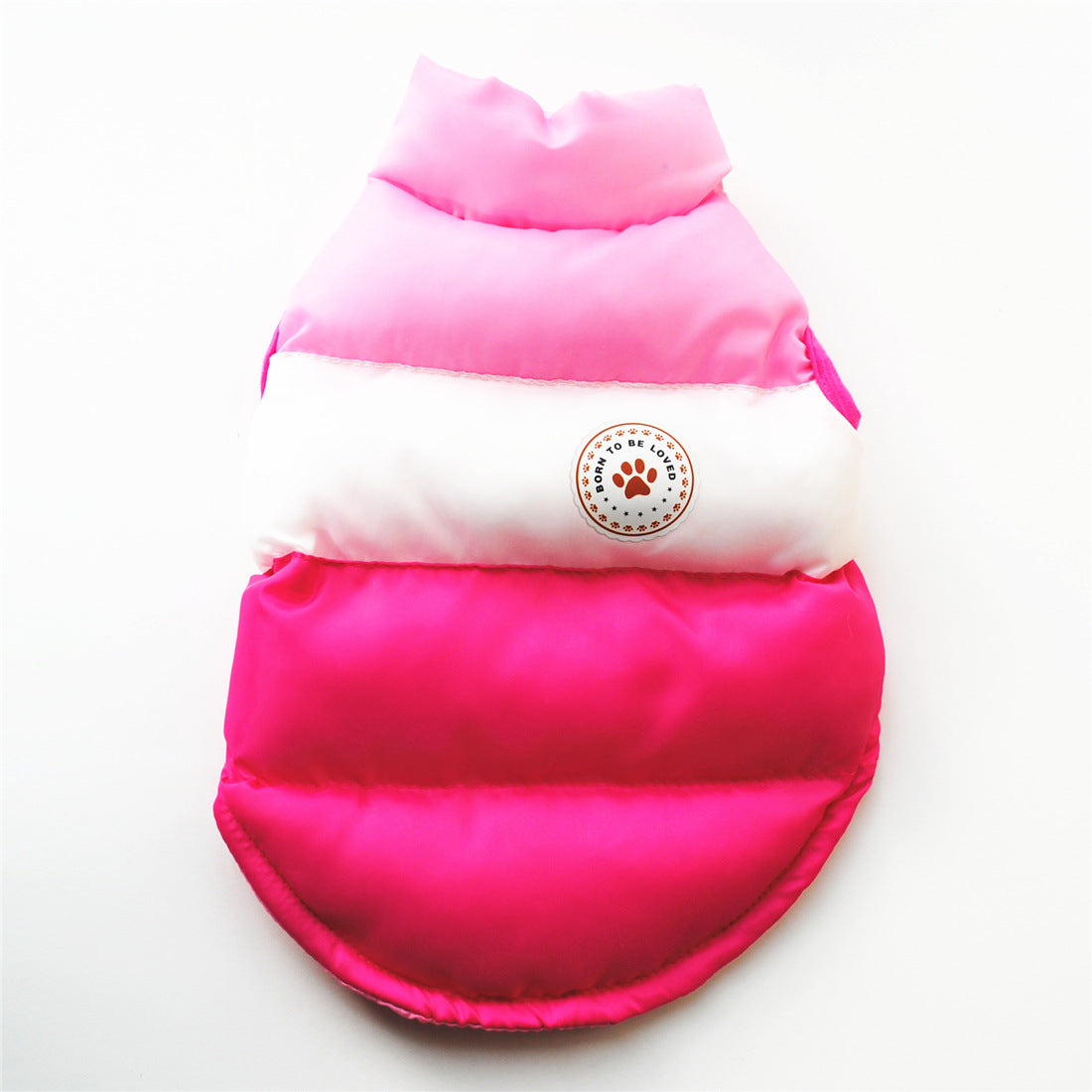 Colour block puffer dog coat with button front in Coffee, showing size and shape