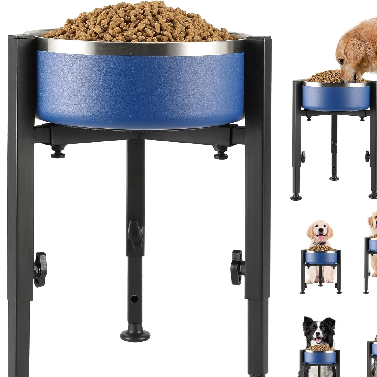 Adjustable Carbon Steel Elevated Dog Bowl Stand with Anti-Slip Base, Single or Double