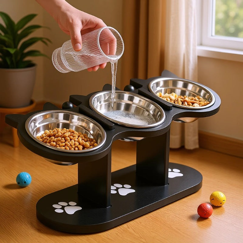 Wooden raised dog feeder with three bowls, close-up detail view