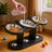 Wooden raised dog feeder with three bowls, close-up detail view