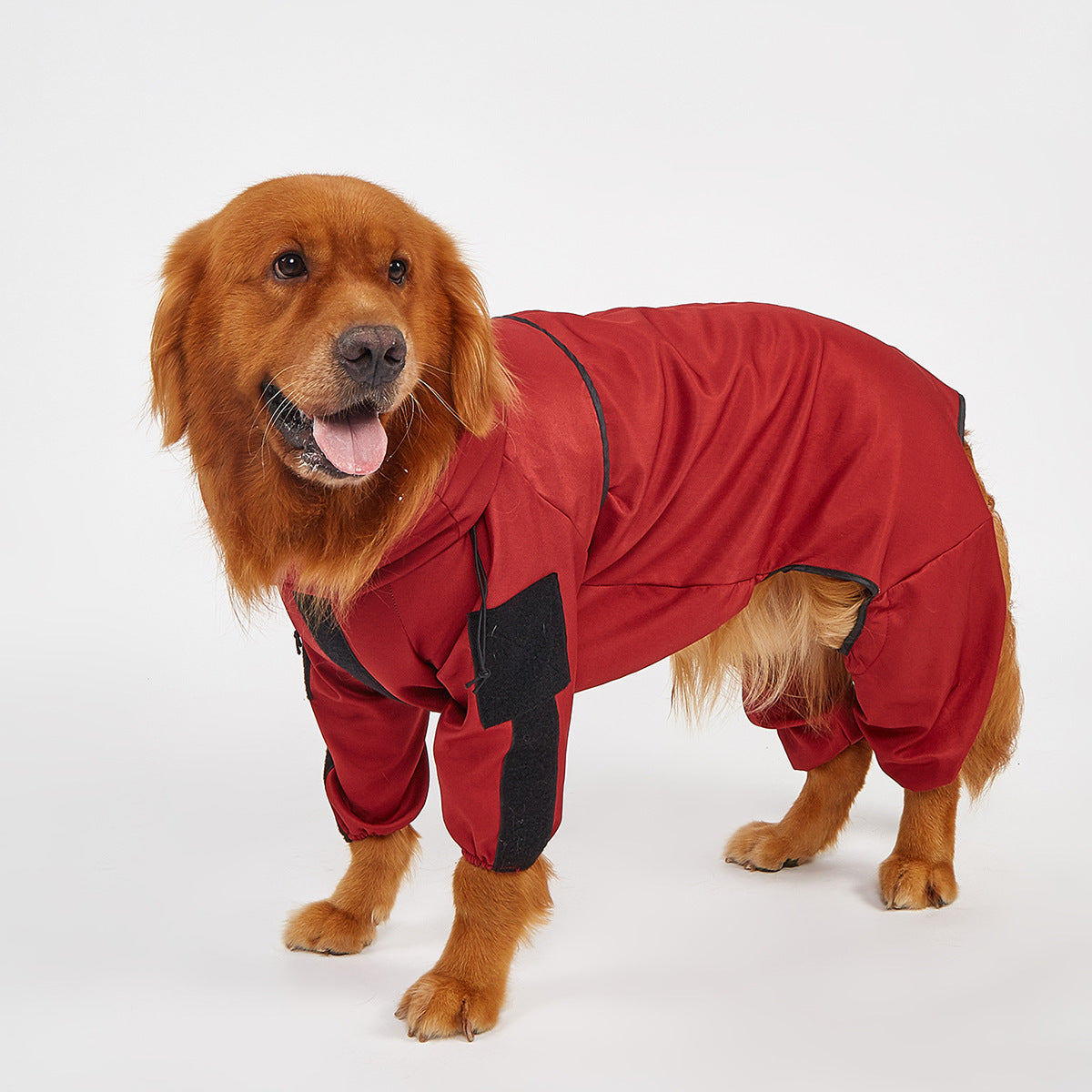 Reflective hooded dog raincoat in silver fabric in Blue Fleece Lined, side view