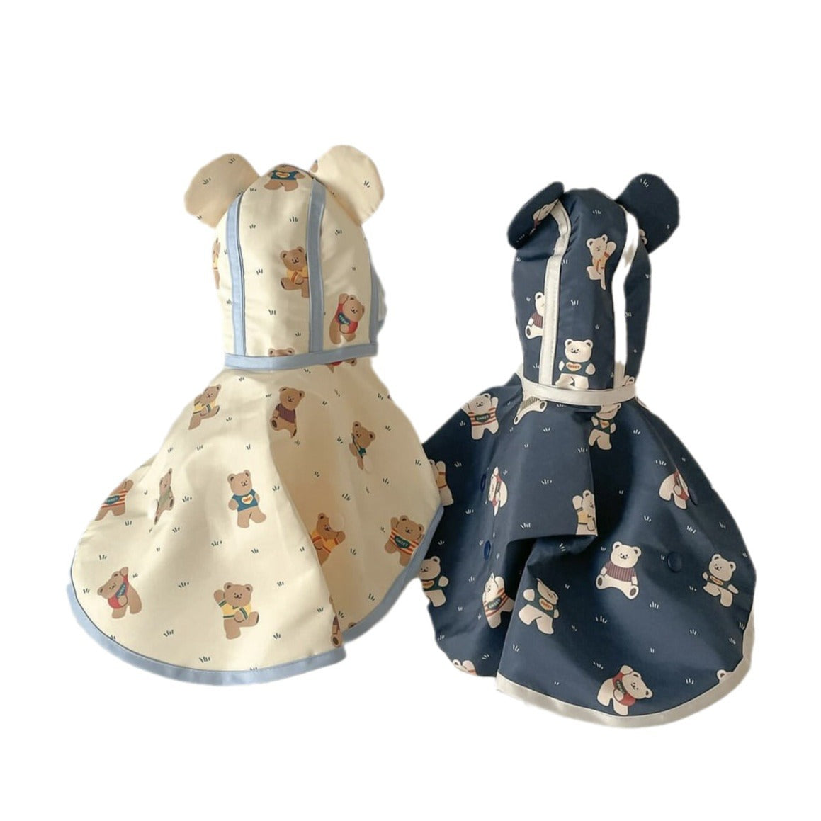 Hooded waterproof dog rain poncho with bear print, showing size and shape