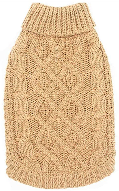 Cable knit roll neck dog jumper in wool knit in Beige, side view