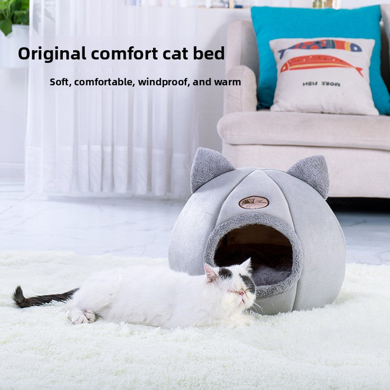 Pink semi enclosed velvet cat bed, cube shaped warm nest, view 3