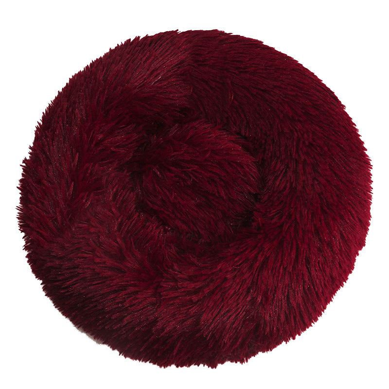 Round long plush nest bed for cats and dogs in Burgundy