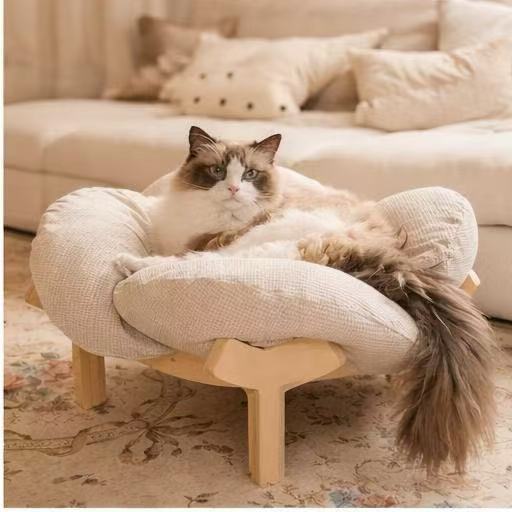 Wooden cat climbing bed with soft corduroy cushion, detail photo 2
