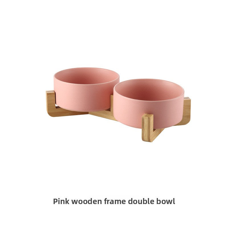 Green double ceramic pet bowl set with wooden stand