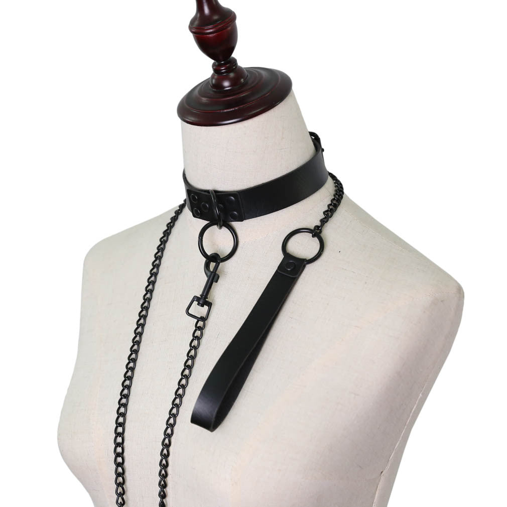 PU leather dog collar and lead set with chain detail, product image 2