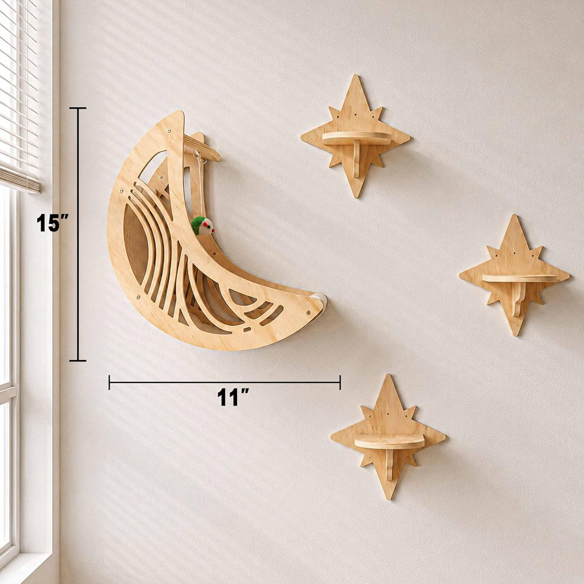 Star and moon cat wall shelves, shown in 4 colours and styles