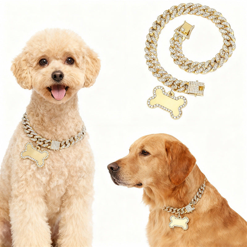 Rhinestone chain pet collar with bone pendant, 9 sizes available