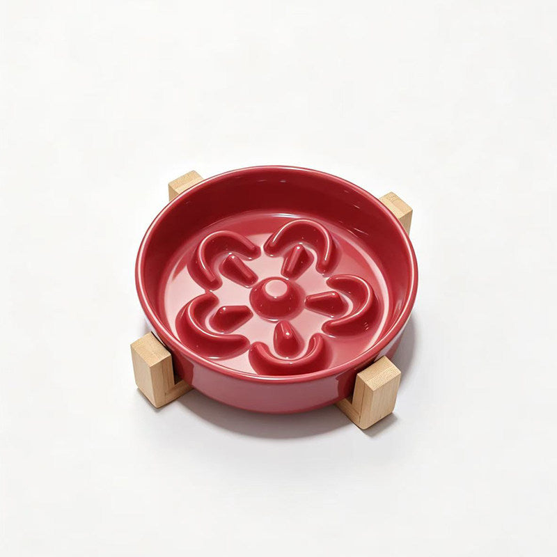 Flower-Shaped Ceramic Slow Feeder Pet Bowl with Wooden Stand for Cats and Dogs