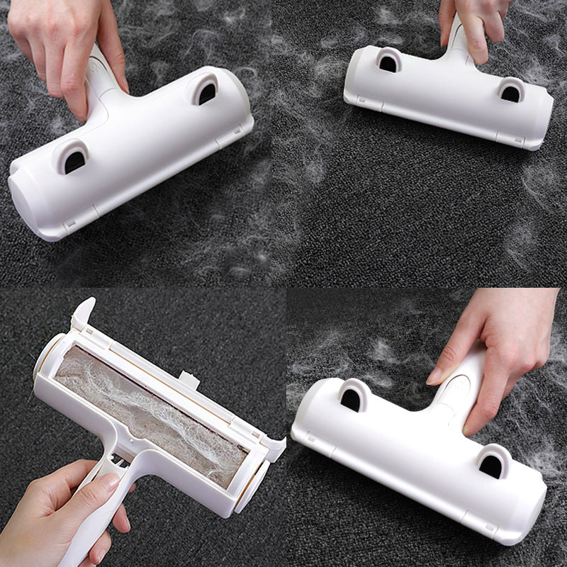 Cat ear pet hair remover brush lifting hair from a sofa