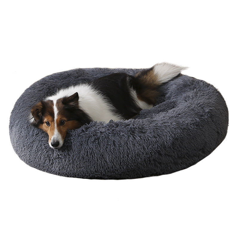 Non slip round long plush donut dog bed, view 5
