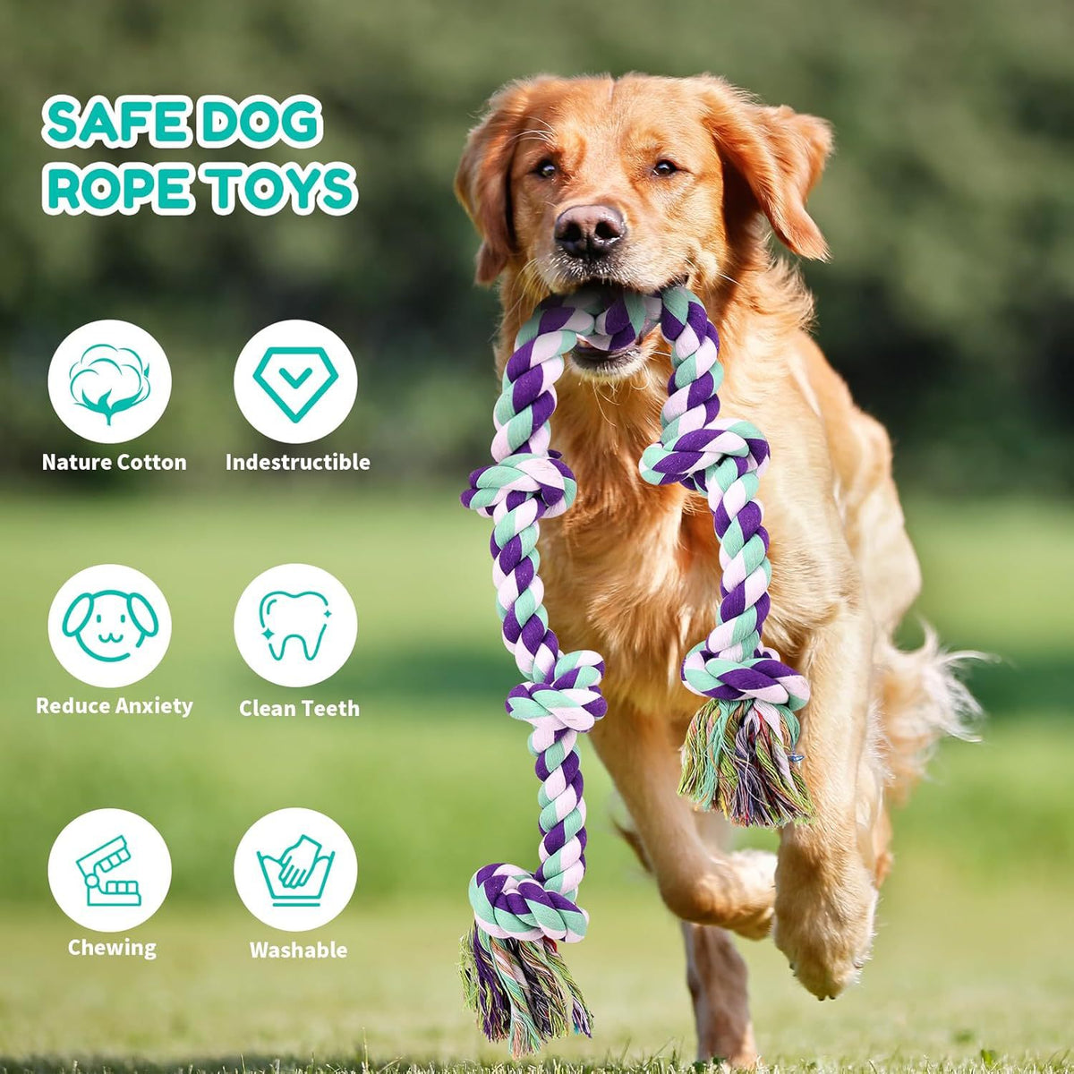 Heavy duty rope tug toys for large dogs in three colourways