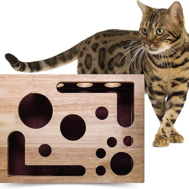 Solid wood cat maze puzzle toy with balls, alternative angle view