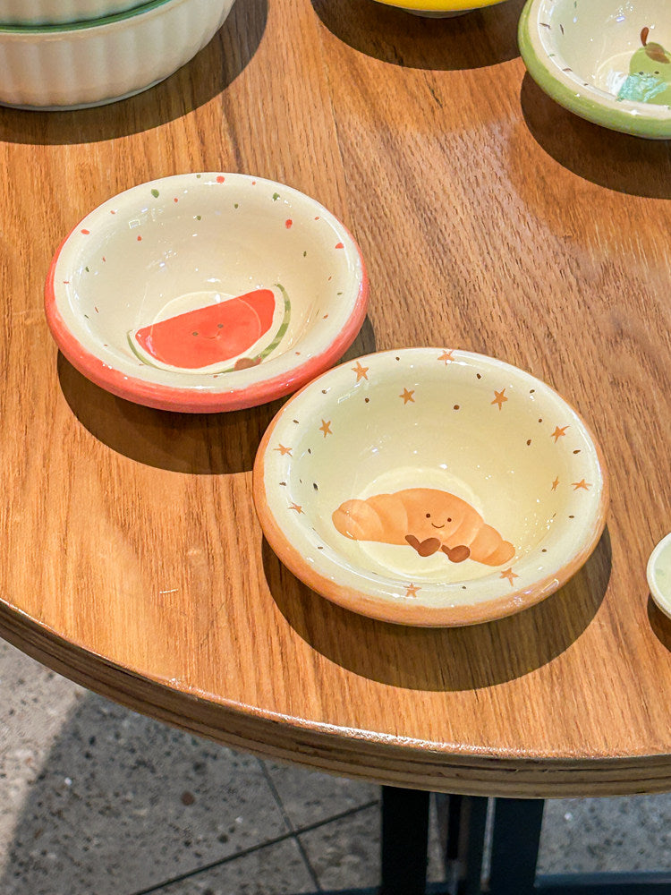 Fruit shaped ceramic pet bowls including banana and watermelon, view 2