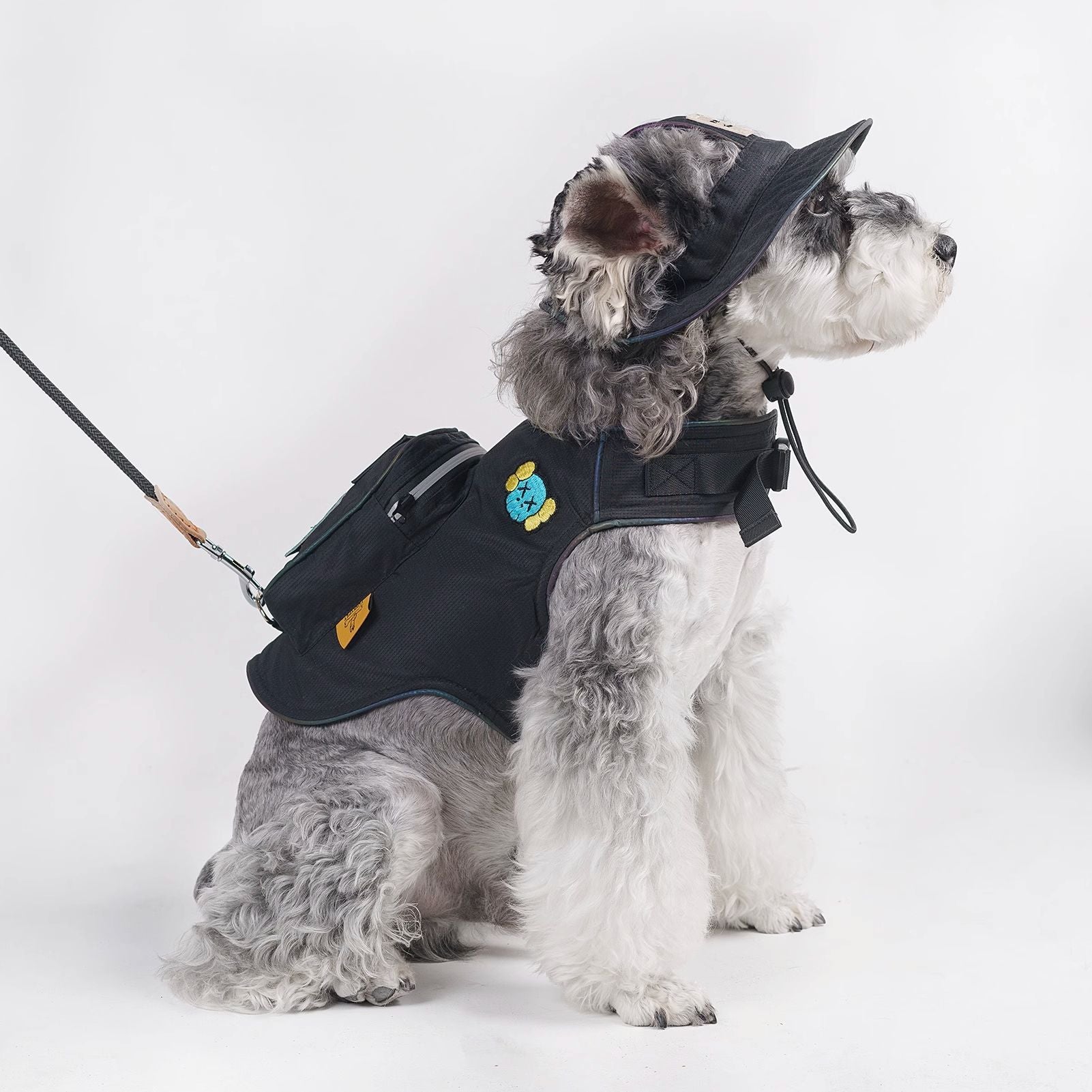 Reflective small dog harness set in black linen, side view