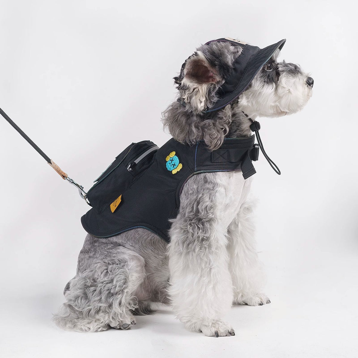 Reflective small dog harness set in black linen, side view