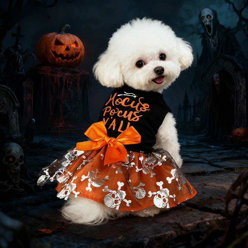 Black Halloween skull print pet dress with mesh skirt for dogs and cats, image 1