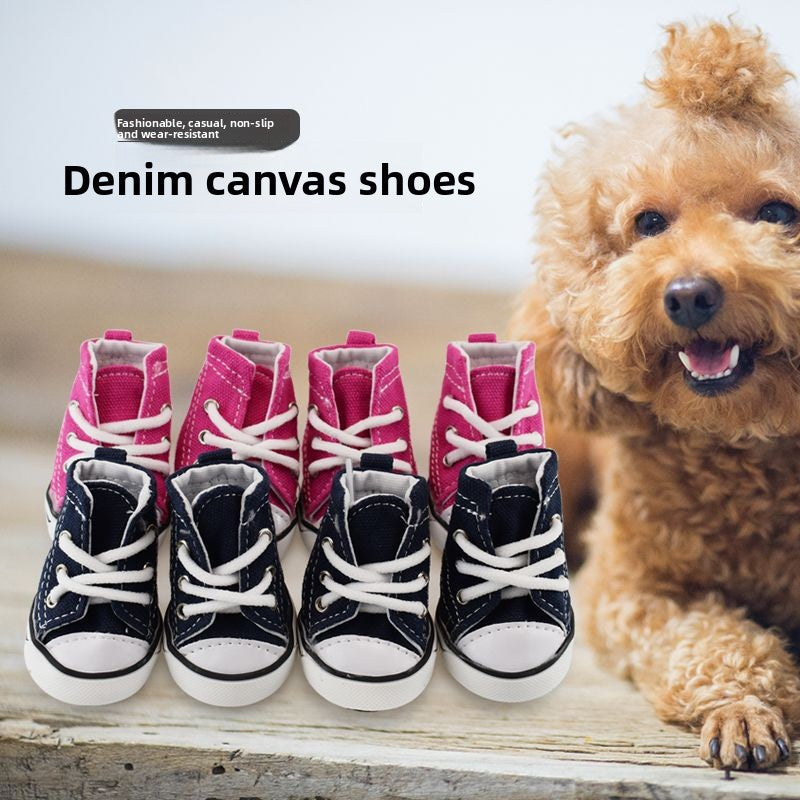 Denim canvas dog shoes with anti-slip sole in Pink, close-up detail