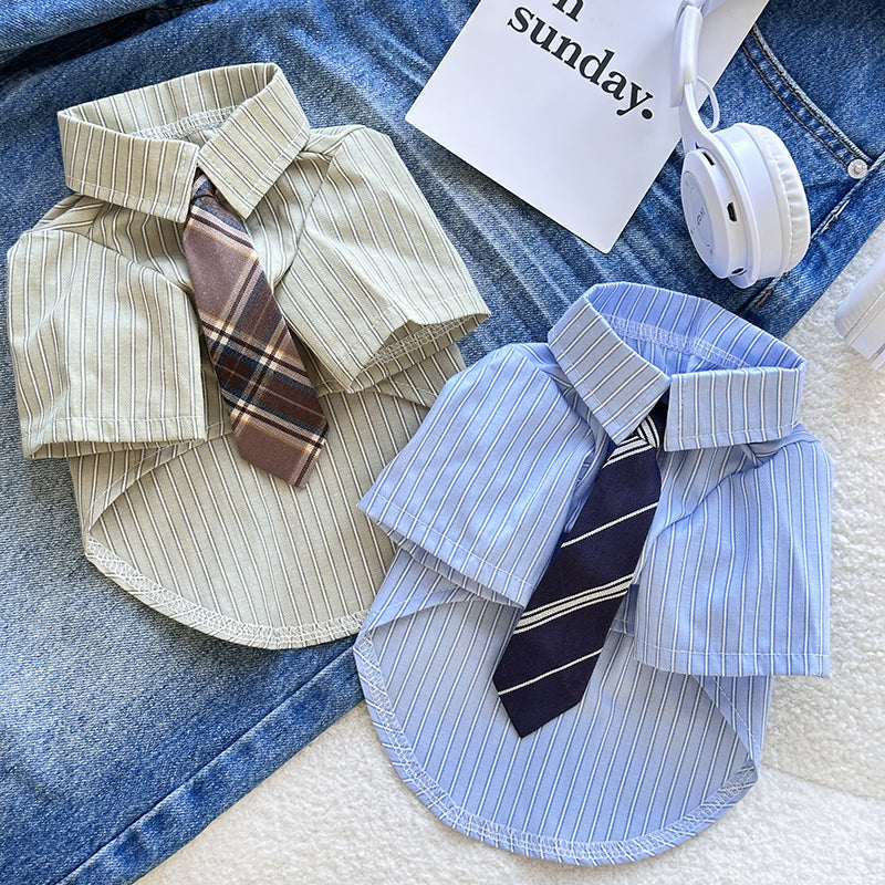 Smart pet shirt with striped tie in Atmosphere Blue, close-up detail