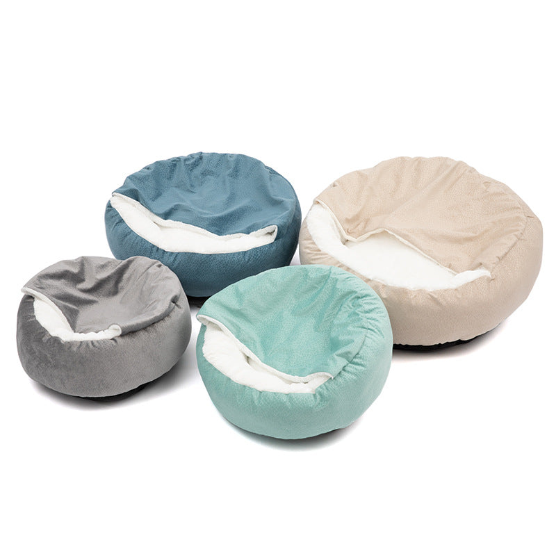 Shell shaped plush cat bed with soft washable cover, view 3 of 15