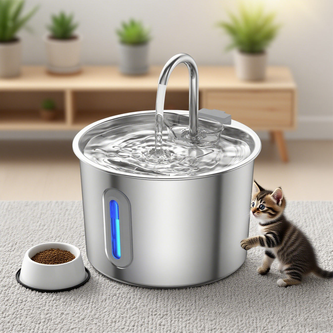 2.2L Stainless Steel Smart Pet Water Dispenser with Dual Filtration and Silent Pump
