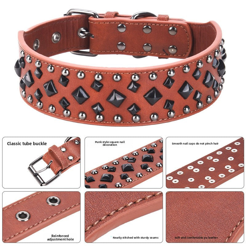 Studded leather dog collar with metal rivets, product image 2