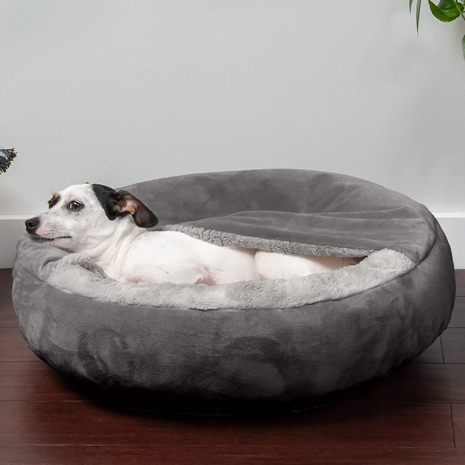 Plush pet house with removable cover and blanket, full product photo