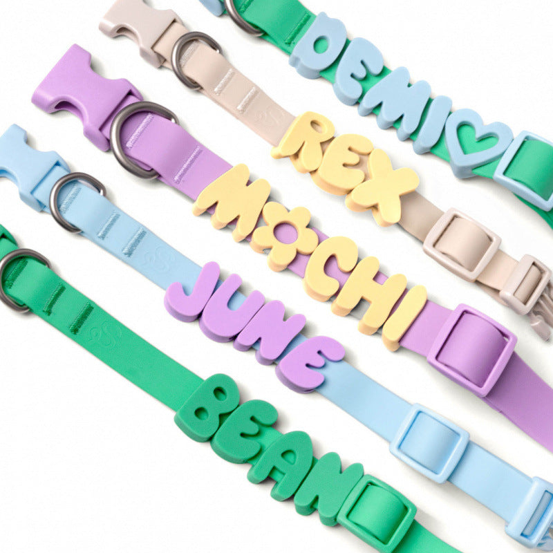 Silicone pet collar with alphabet letters in Mint Green Collar, front view