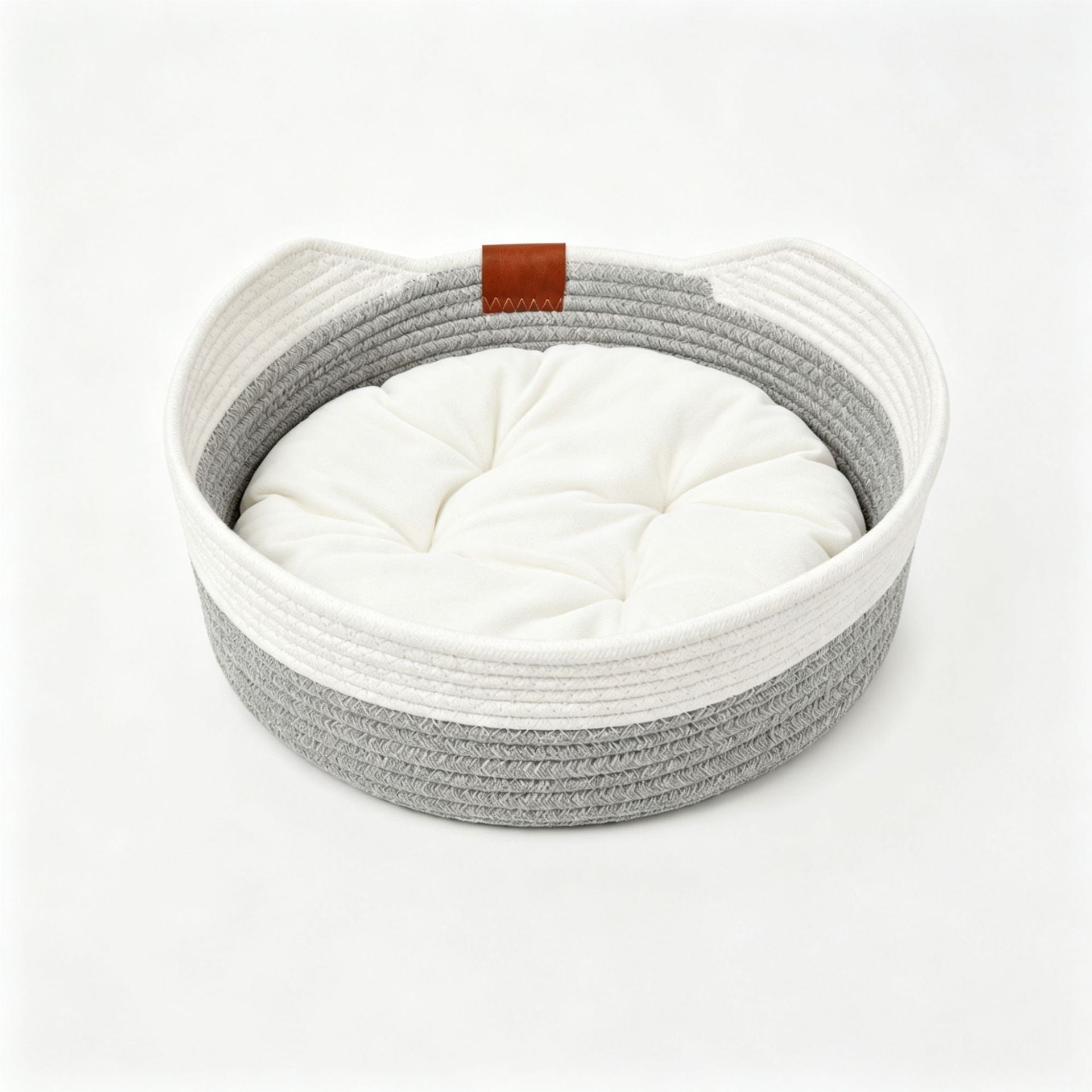 Round woven cotton rope cat bed and scratcher in beige and white, view 17