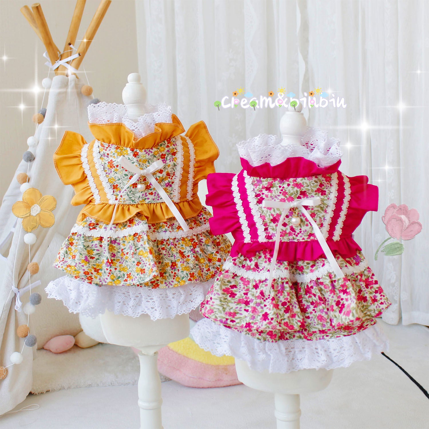 Floral lace cotton dress for tiny dogs, available in 2 colours, image 1