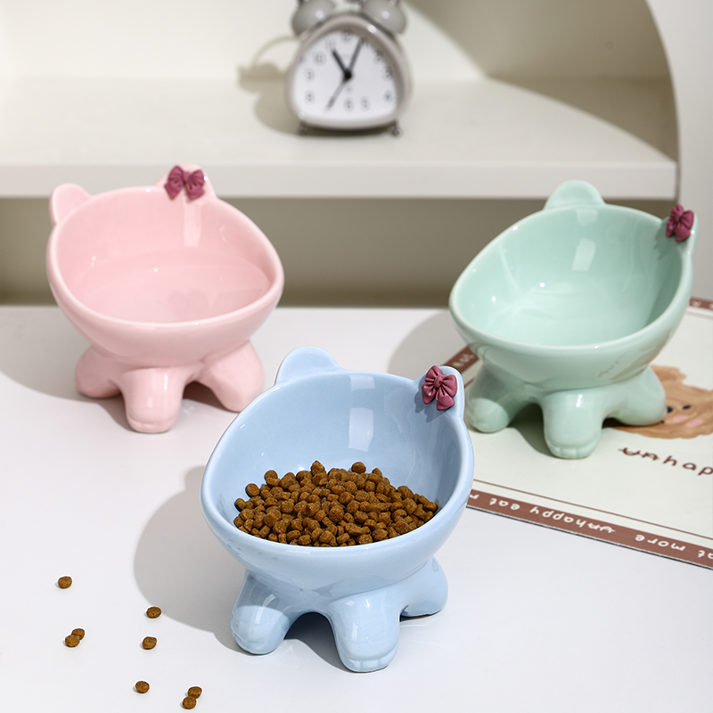 Elevated Ceramic Cat Food and Water Bowl with Weighted Non-Slip Base in Glazed Colours