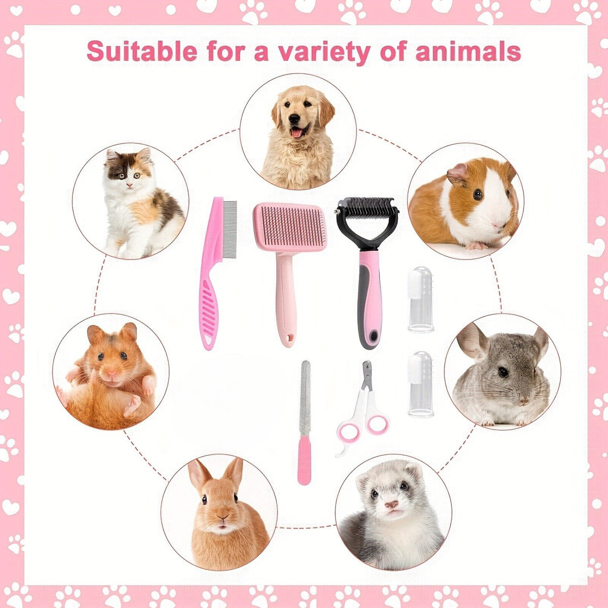 8-Piece Pet Grooming Kit with Slicker Brush, Combs and Nail Clipper