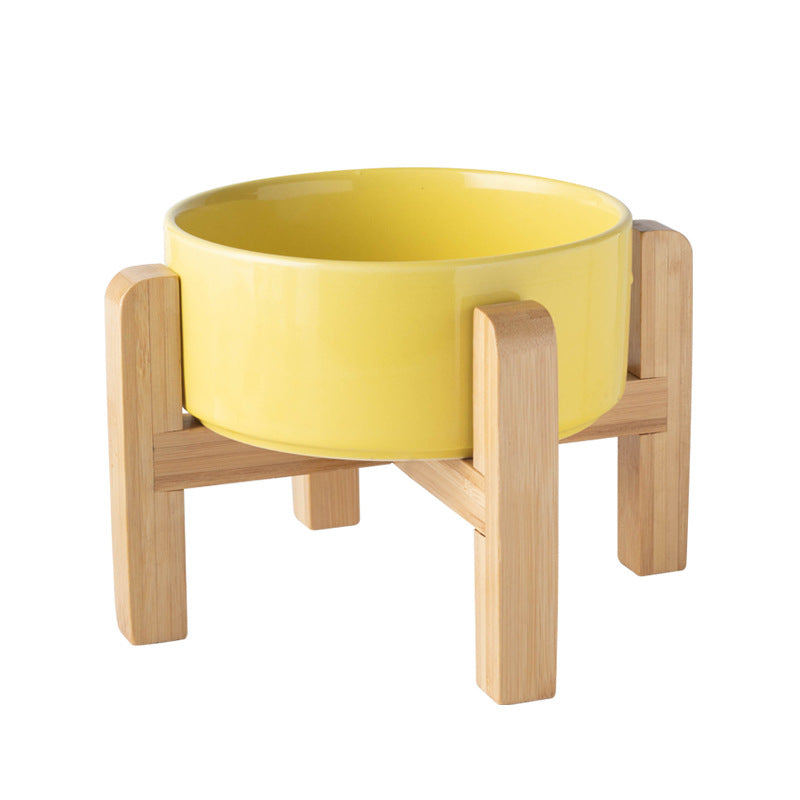 Elevated Ceramic Pet Feeding Bowl with Bamboo Stand, Anti-Spill Base in Five Colours